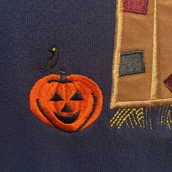 Fall Patchwork Scarecrow, Pumpkins, Halloween Theme Sweatshirt Pullover XL - Picture 2 of 13
